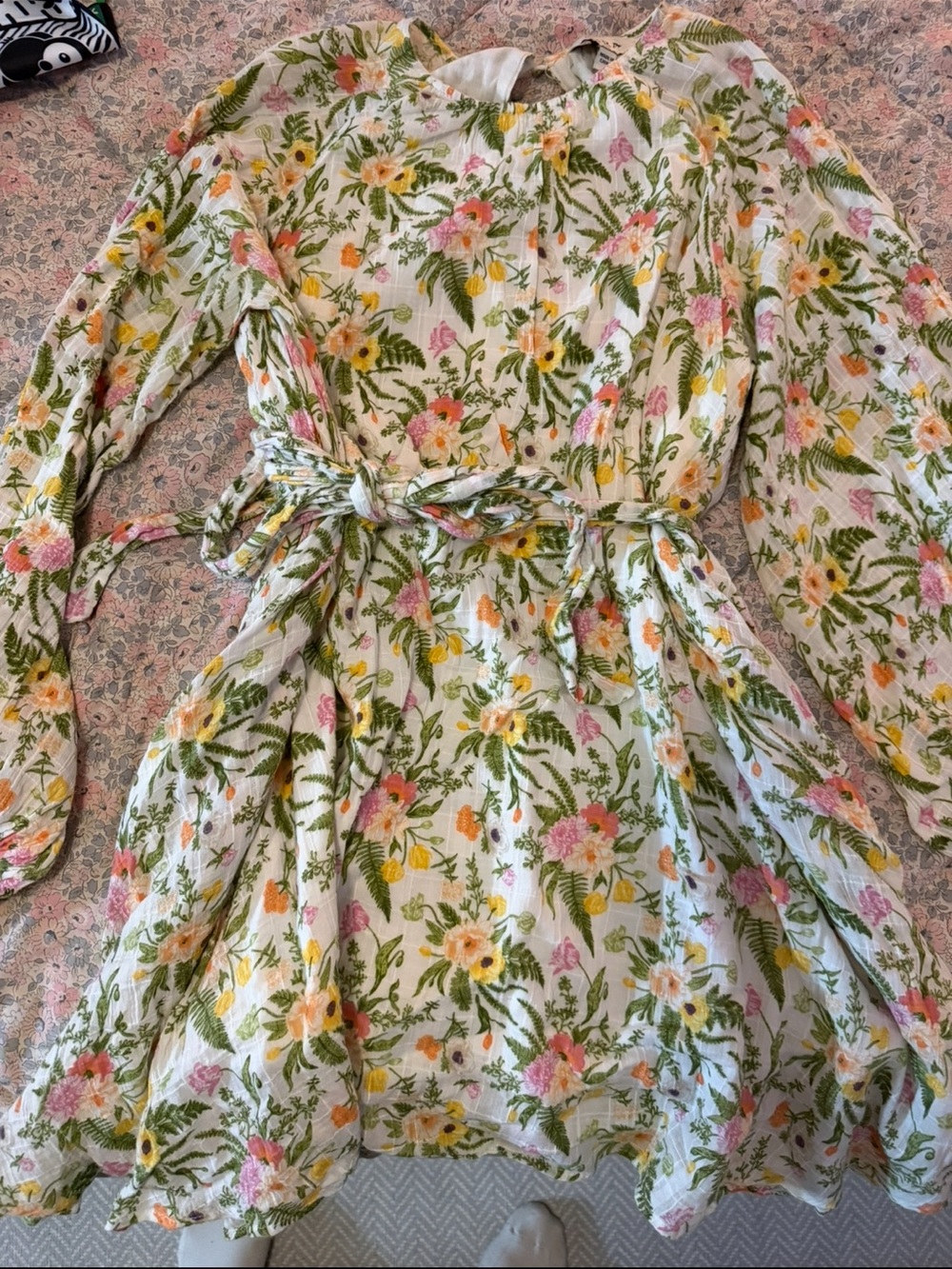 Aura Floral Tie-Waist Long Sleeve Dress in White with Pink & Yellow Blooms